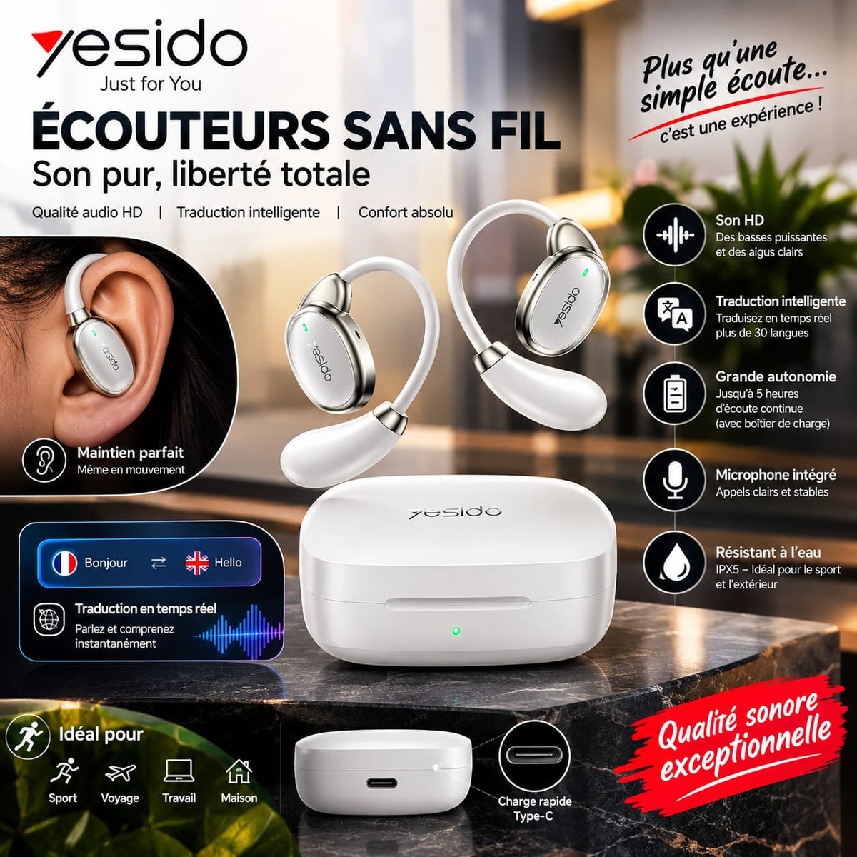Yesido Écouteurs Sans Fil Traduction Instantanée – Application Dédiée, Son HD, 30+ Langues, IPX5, USB-C
